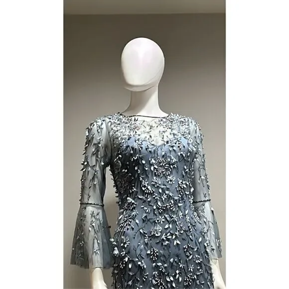 Theia Flounce Sleeve 3-D Embroidered and Beaded  Dusty Blue Gown Size 2 - Picture 7 of 14